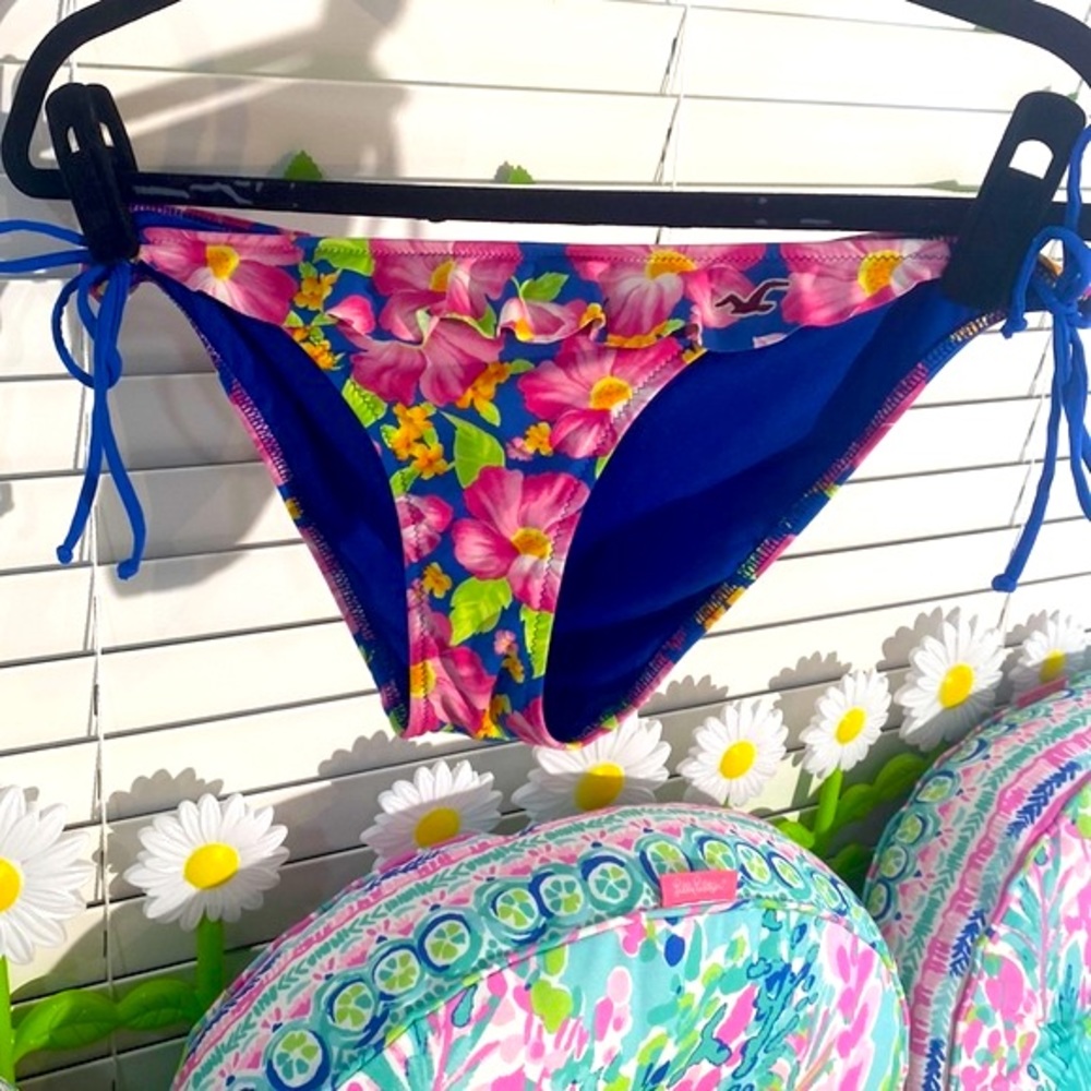 Hollister bright tropical floral bikini swim bottoms with ruffles & side ties